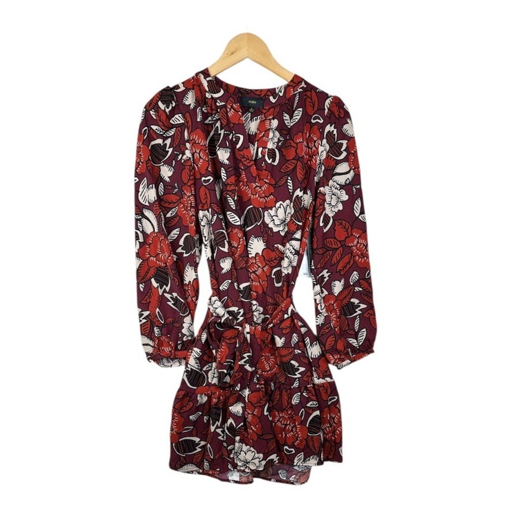 Maia Womens Long Sleeve Floral Fit + Flare Dress Size 4 Red Floral Print